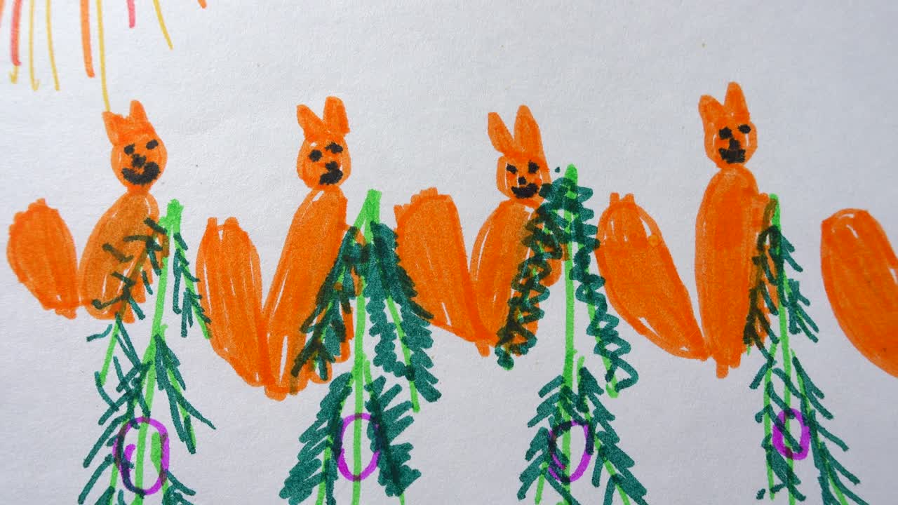 モミの木にいるリスを描いた子供たちの絵
