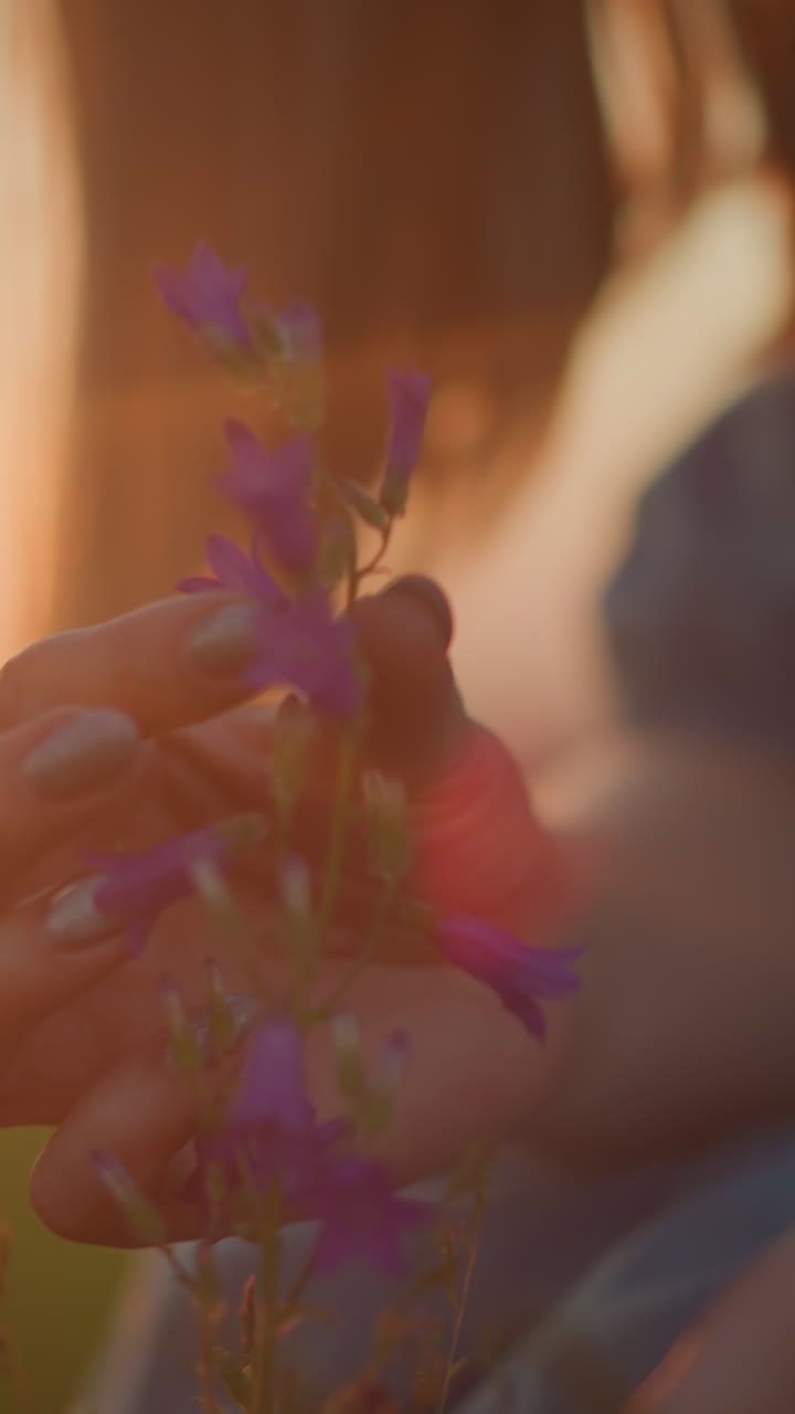 A touching scene where a young boy wearing glasses closely observes as a woman's hand gently touches a purple flower in the warm glow of sunset, capturing a tender moment of curiosity and nature