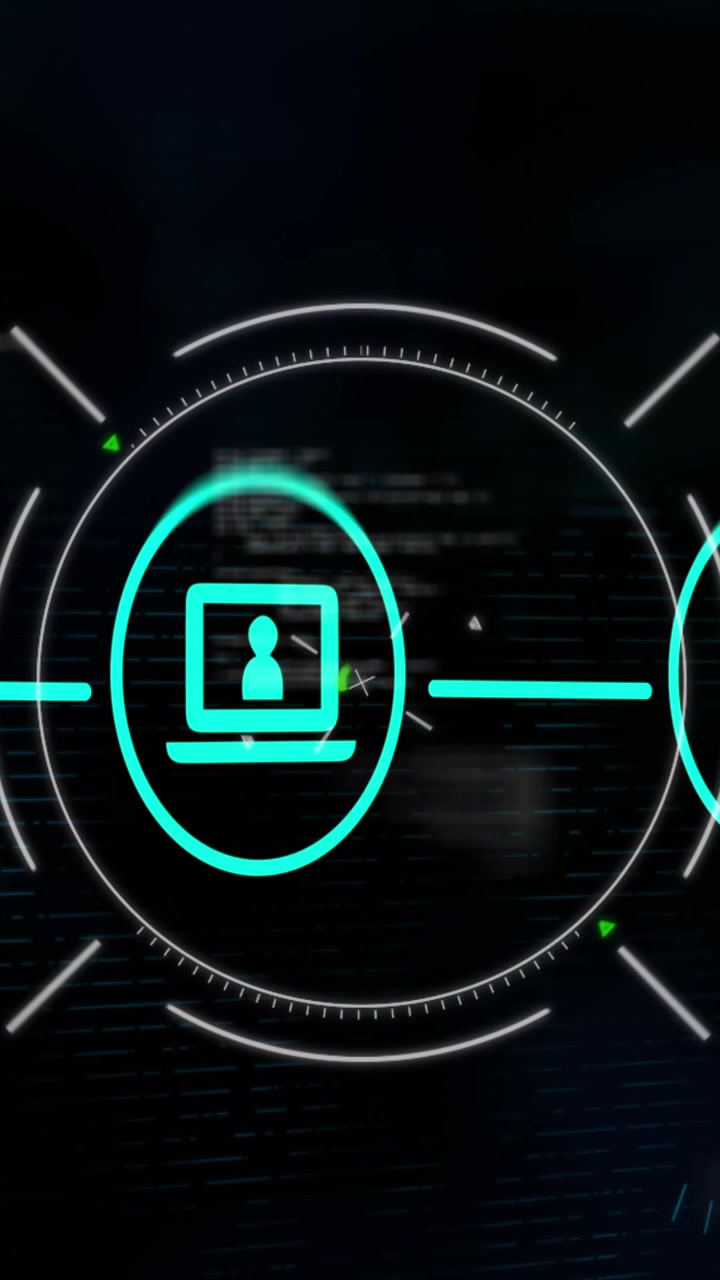 Animation of flowchart of icons and circles over computer language against black background