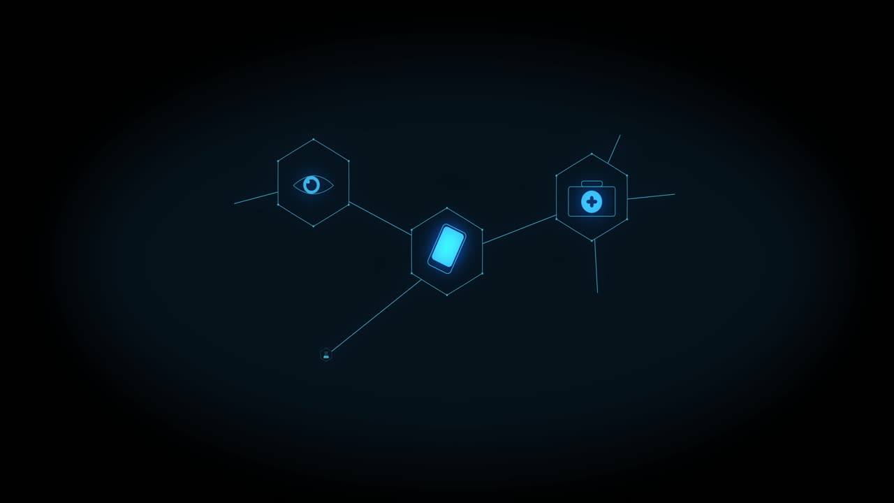 animación de la red de iconos médicos y procesamiento de datos sobre fondo negro