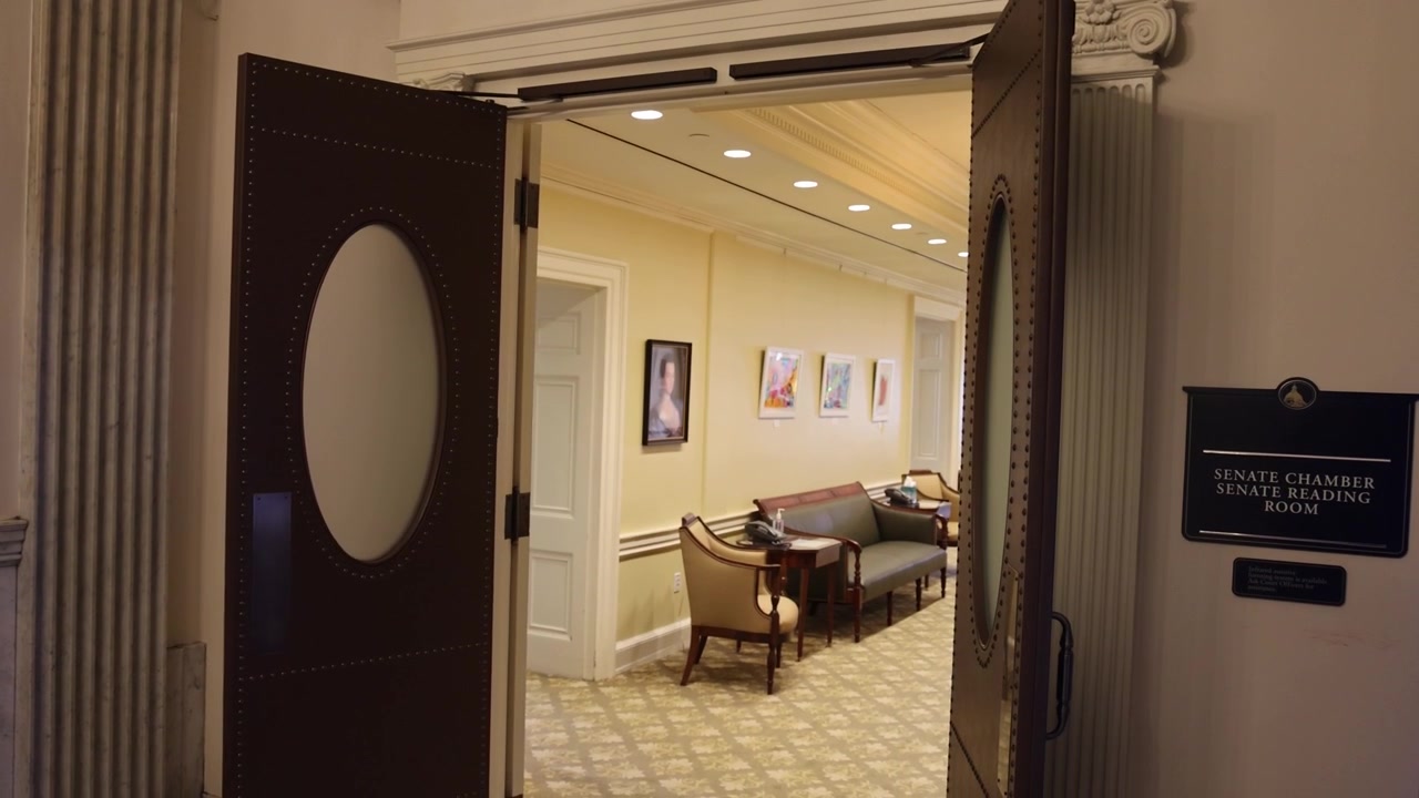 Massachusetts Senate reading room entrance.with gimbal video tilting down.