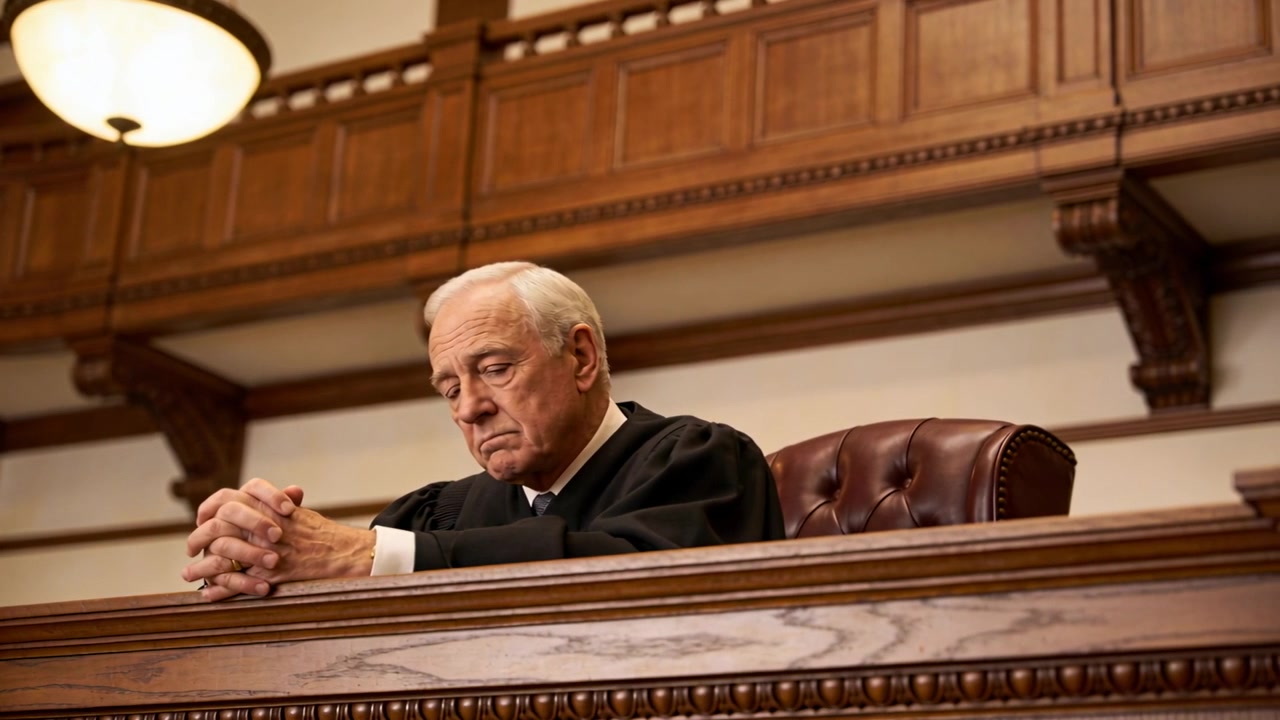 Raising chin after hearing counsel, judge wearing black robe weighing testimony at courtroom bench