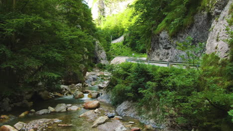 Clear-shallow-river-with-stones-surrounded-by-rocks-and-trees-by-the-traffic-road