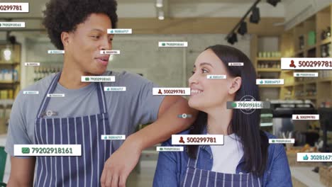 animación de iconos de medios sobre diversos asistentes de tienda que trabajan.