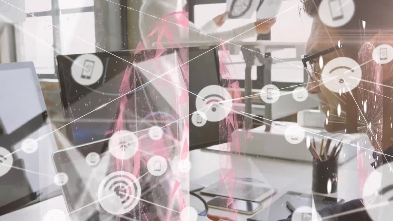 Animation of network of connections with icons over caucasian men using technology