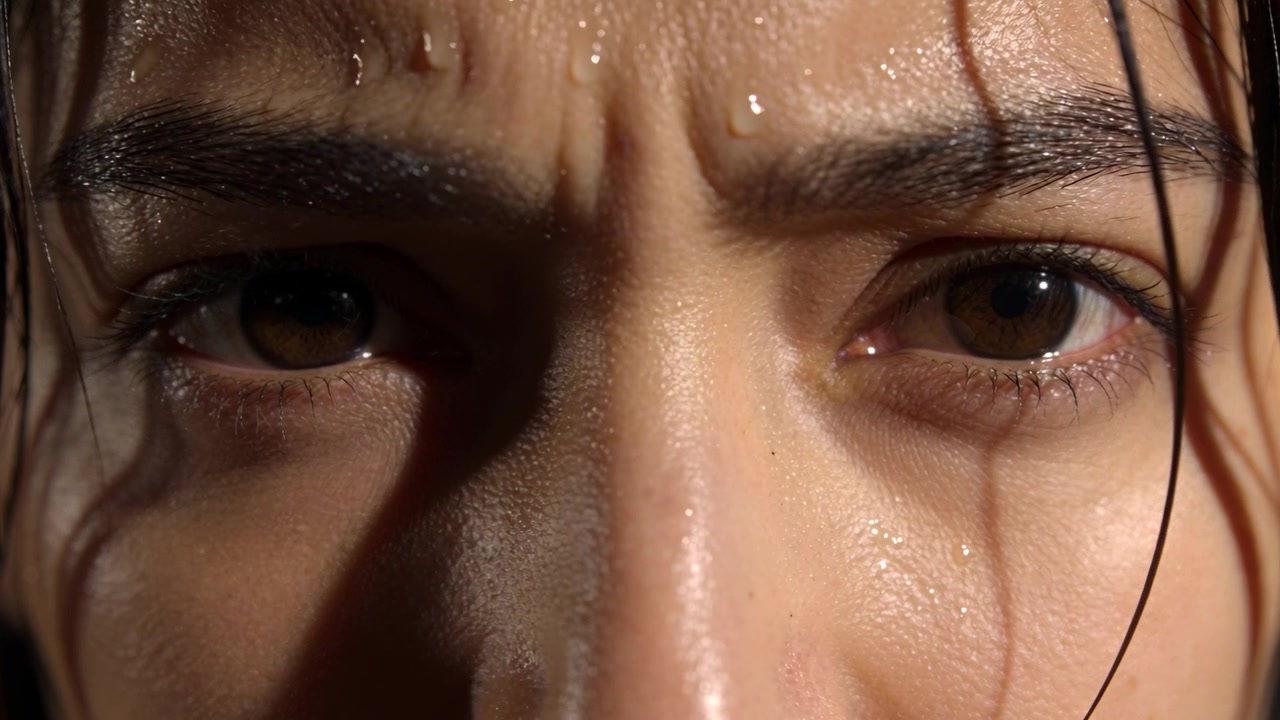 Focusing woman's eyes tracking shifts after recording in studio, with wet hair drops showing stress
