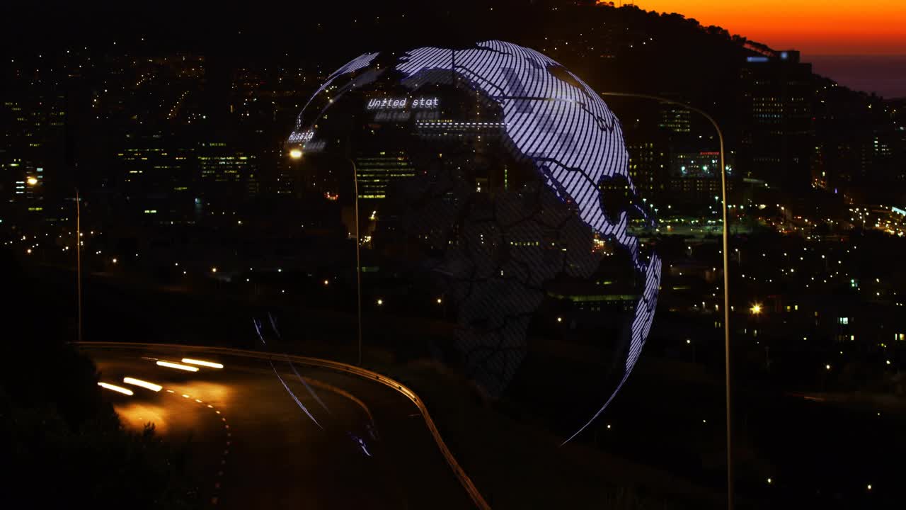 Small shape appearing above road, forming rotating clear globe with map labels to show global ties