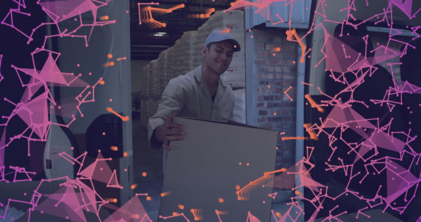 Worker grabbing box from van, carrying into warehouse past pillar with pink overlay obscuring view