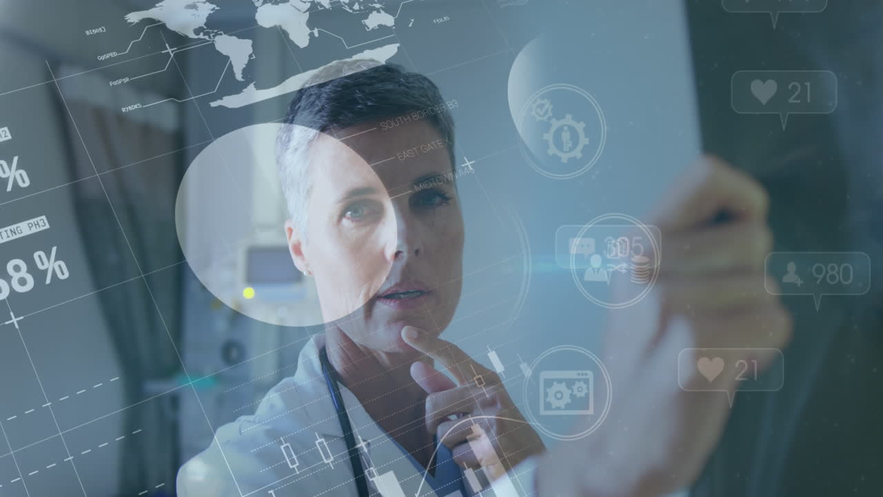 animación de la interfaz infográfica, iconos y cajas de mensajes, médico caucásico analizando el informe de rayos x