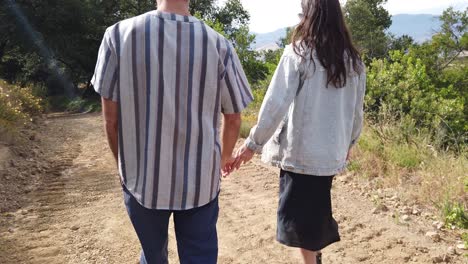 a man and woman walk hand in hand with their dog in the mountains of california in slow motion 1