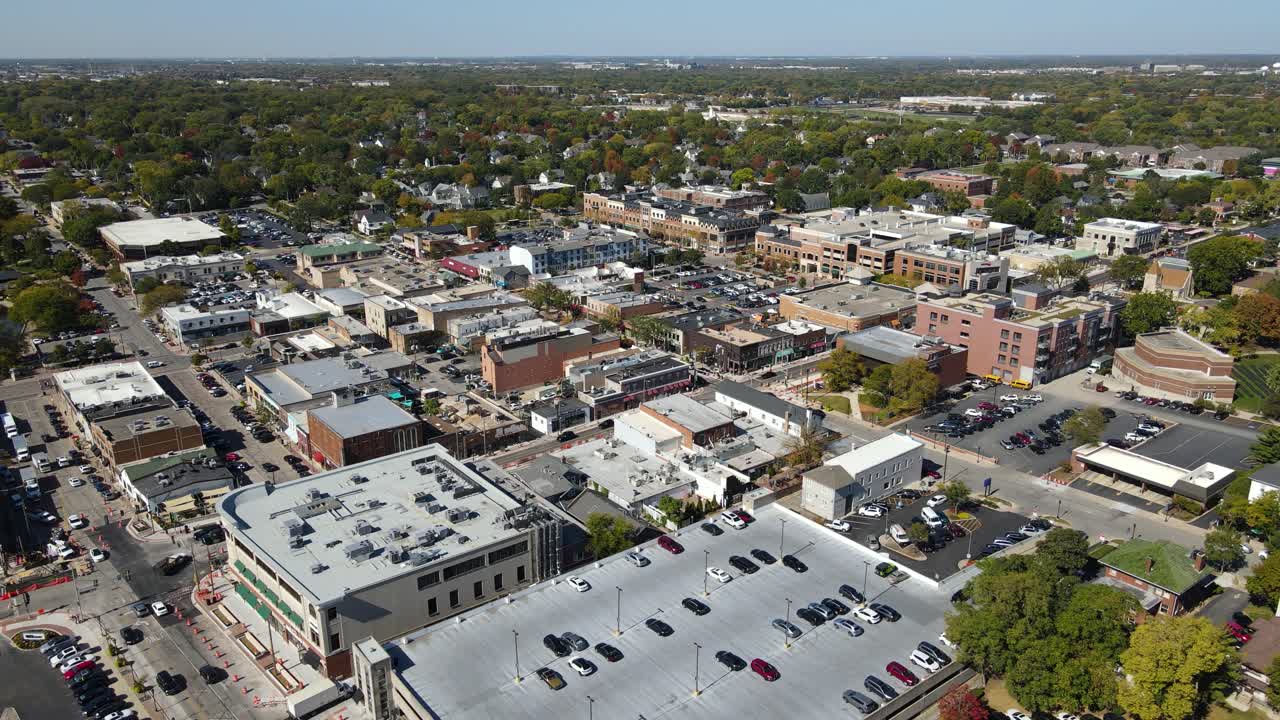 Aerial View of a Suburban Downtown Area in Autumn