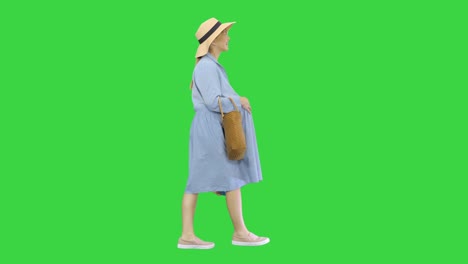 pregnant woman in summer clothes walking with shopping bags on a green screen, chroma key