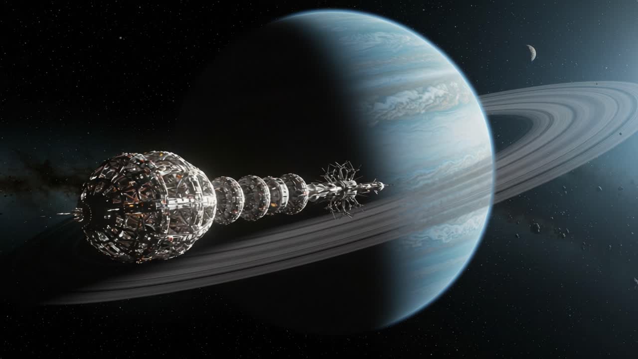 Futuristic Spacecraft Orbiting a Distant Planet with Stunning Ring System and Celestial Bodies in an Expansive Cosmic Landscape