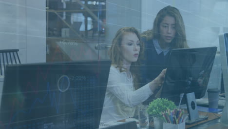 Animation-of-caucasian-female-colleagues-discussing-over-computer-and-time-lapse-of-people-walking