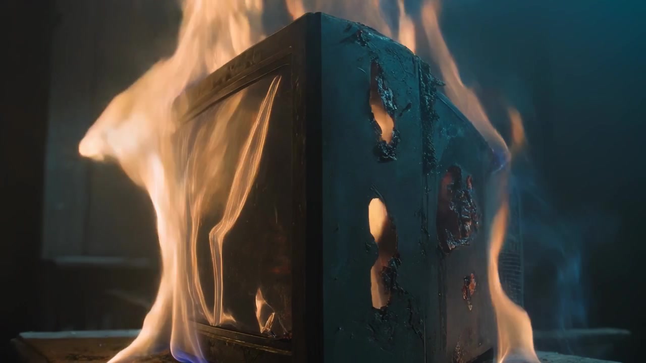 En liten elektronisk boks brenner med en deformert frontskjerm, der en usynlig antennelse starter flammer på et bord.