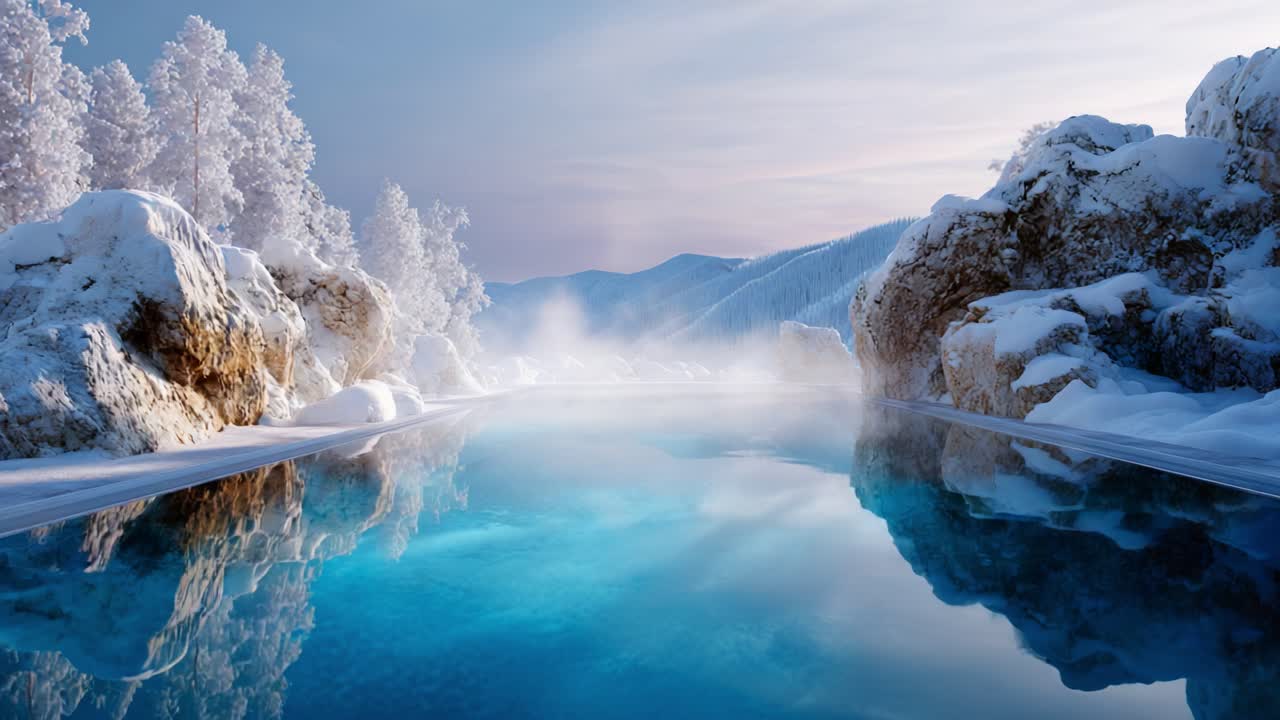 Serene Winter Wonderland: A Captivating View of Pristine Snow-Covered Trees and a Tranquil Hot Spring Amidst Majestic Mountainous Landscape at Dawn