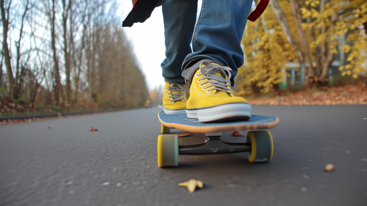 Skateboarding adventure on a leaf lined path in autumn