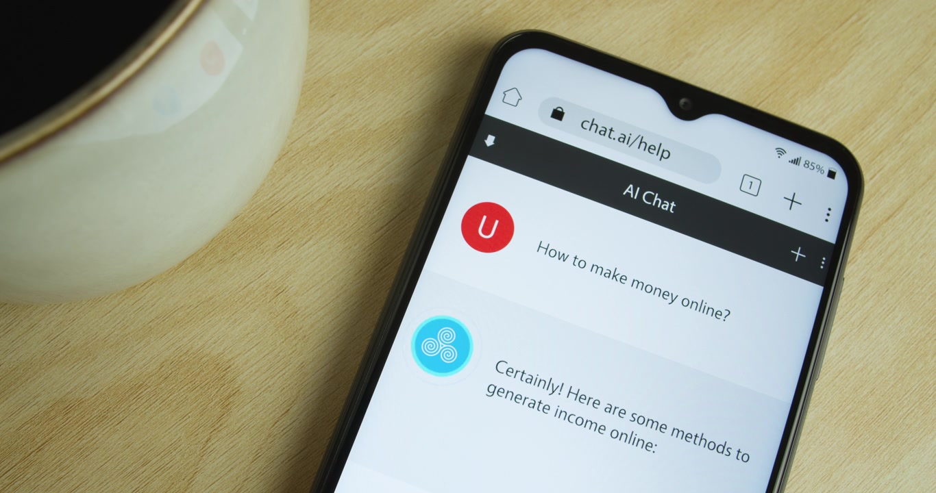 Intelligenza Artificiale - App chatbot AI su smartphone - Interfaccia telefono e app royalty-free - Primo piano, caffè - "Come fare soldi online?"