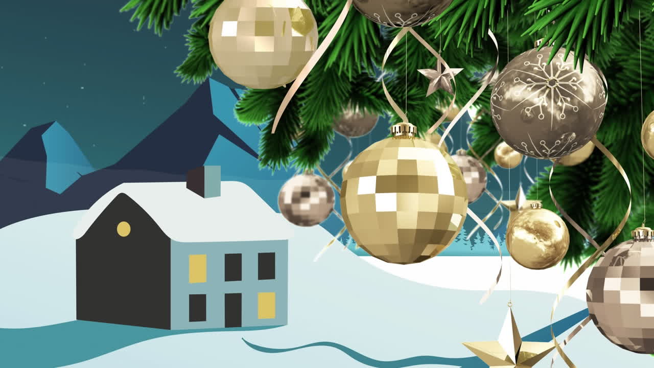 рождественские украшения, висящие на рождественской елке на фоне зимнего пейзажа с домом и горами