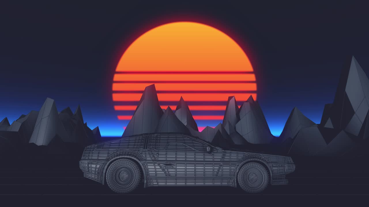 뒷면에 태양이 있는 자동차의 레트로 퓨처리즘 시엄리스 애니메이션