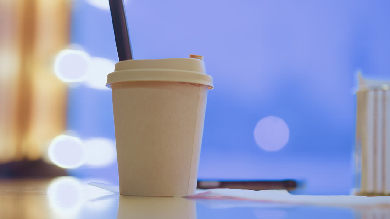 Disposable paper coffee cup with plastic lid and black straw placed on table in cozy indoor caf , with bokeh lights and blue background creating soft, relaxed atmosphere, evoking warmth and casual ambiance
