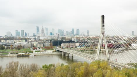 Aerial-View-of-suspension-bridge-in-Warsaw,-capital-of-Poland