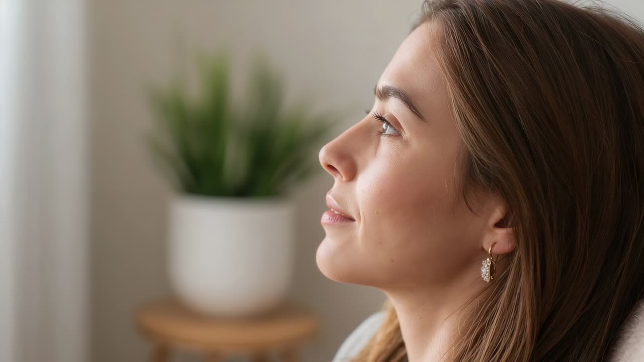 Closing eyes woman in light top, drop earrings turning toward camera, posing at home, potted plant