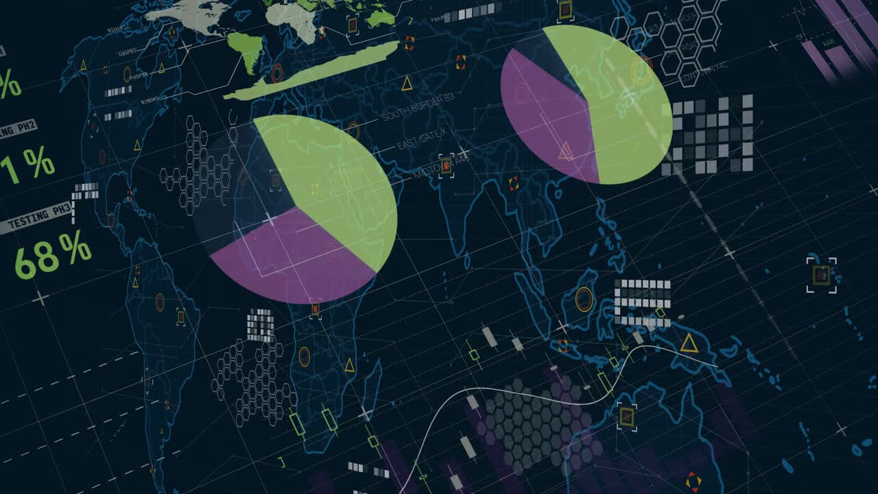 On load digital infographic animating gauges rising bars tracing graph rotating map showing metrics