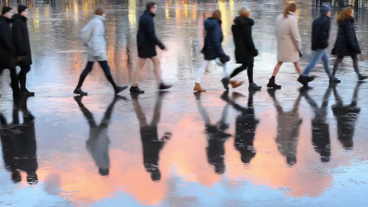 A Serene Evening Stroll: Reflective Figures Walking Across a Shiny Surface with Beautiful Sunset Colors Captured in Their Reflections