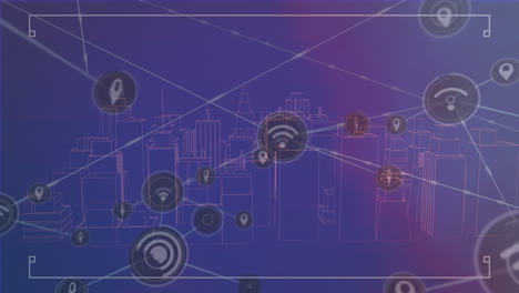 animation of network of digital icons over 3d city model spinning against purple background
