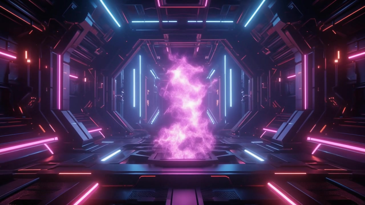 Nucleo energetico viola luminoso all'interno di un corridoio fantascientifico futuristico