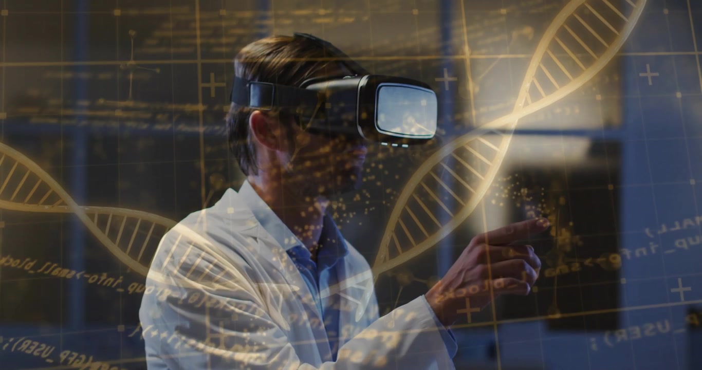 Dikey video: Laboratuvar önlüklü bir teknisyen, VR ekipmanıyla laboratuvarda holo DNA'ya tepki vererek sarmalı inceliyor.