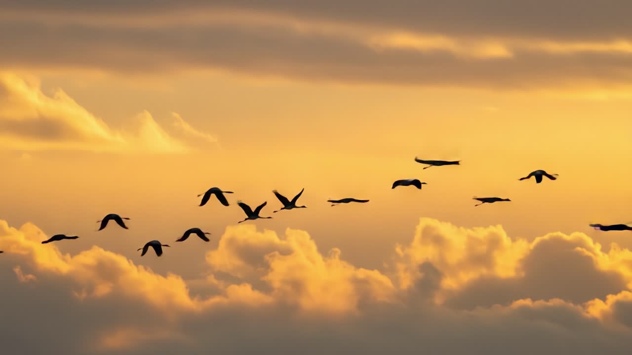 A stunning view of cranes gracefully soaring through a golden-hued sky at sunset, creating a magnificent silhouette against the colorful clouds