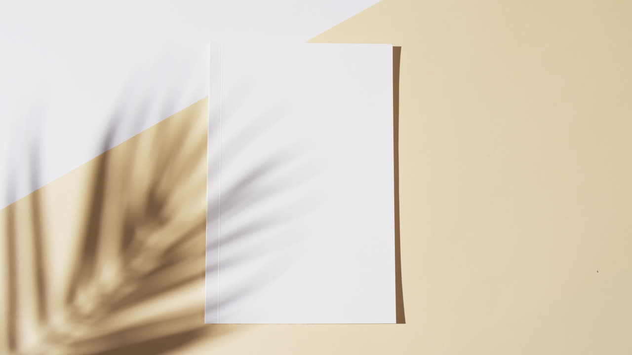 video de la sombra de la planta sobre libros con páginas blancas blancas y espacio de copia en fondo amarillo