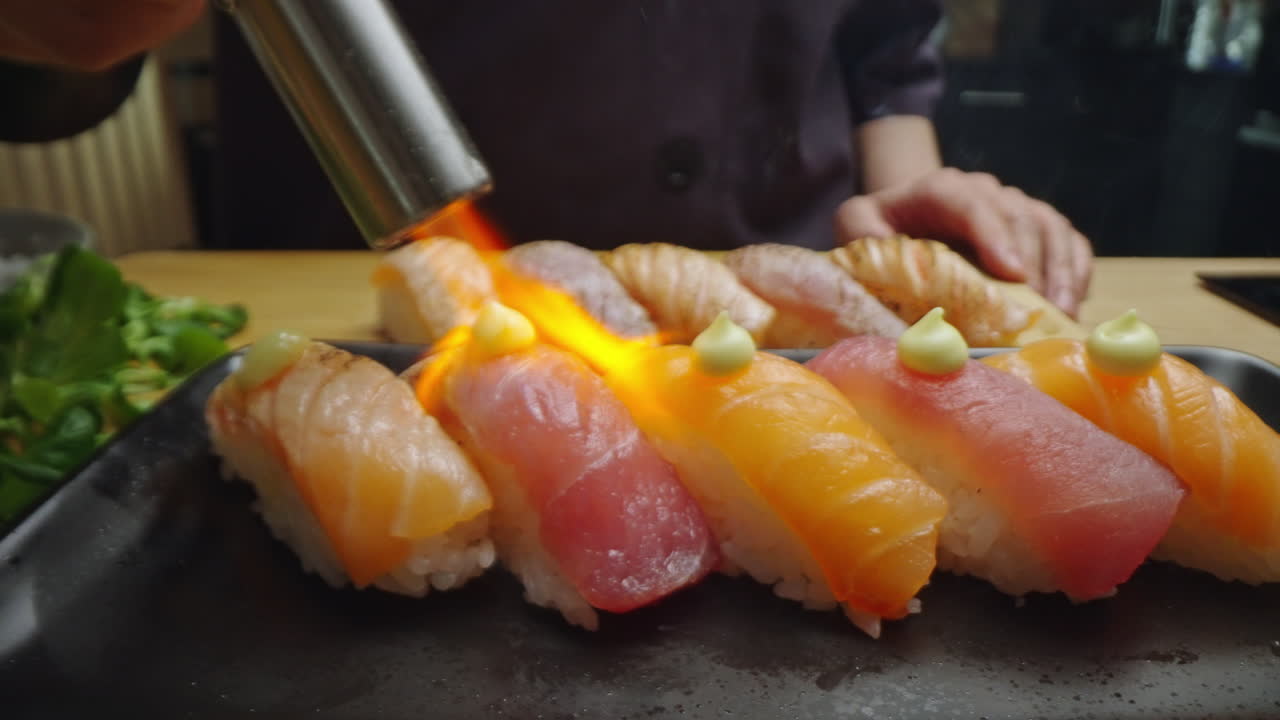 Preparing Sushi Nigiri with a Torch
