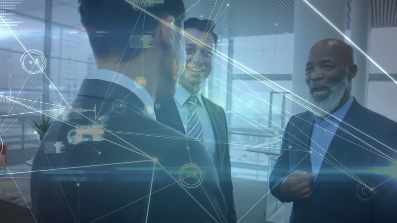 Animation of network of connections over three diverse businessmen discussing together at office