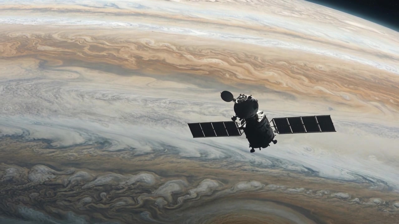 Orbiting probe drifting right, rotating above Jupiter with solar arrays, Great Red Spot, copy space