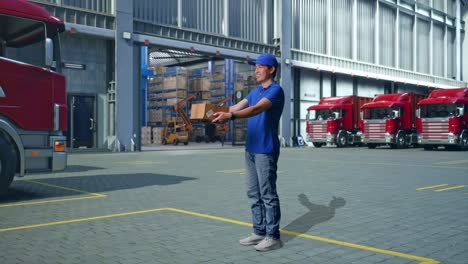 full body of asian male courier in blue uniform giving a carton to someone and smiling while delivering it, outside of logistics distributions warehouse