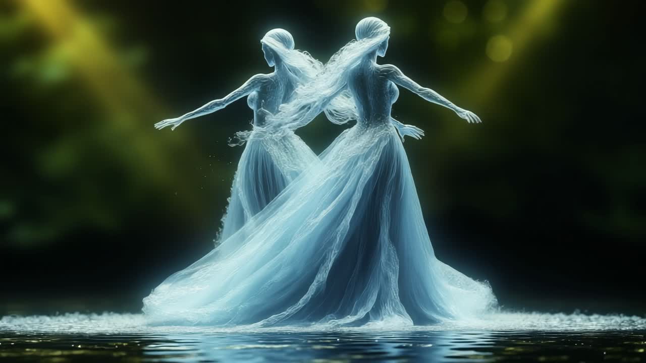 Graceful spirits dance on lake. Two ethereal figures in flowing dresses gracefully interact by a serene lake, surrounded by soft light and greenery.