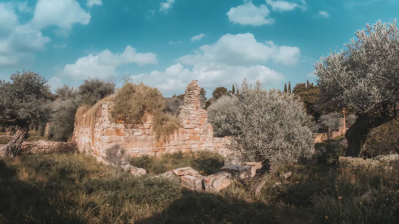 Inizia la panoramica della camera verso destra e l'avvicinamento al prato rurale, rivelando una bassa rovina in pietra con un ulivo