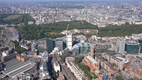 aerial view from victoria station, past westminster cathedral and buckingham palace to westminster abbey and the houses of parliament, london uk