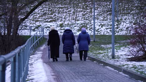 un grupo de tres ancianas multiétnicas haciendo ejercicio al aire libre juntas en un invierno de la ciudad en un día sombrío
