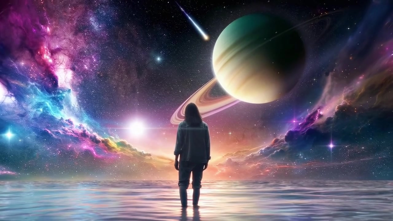 Person står i vand og kigger på en kæmpe planet i rummet