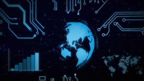 animation of rotating globe and processing data on interface over motherboard on black background