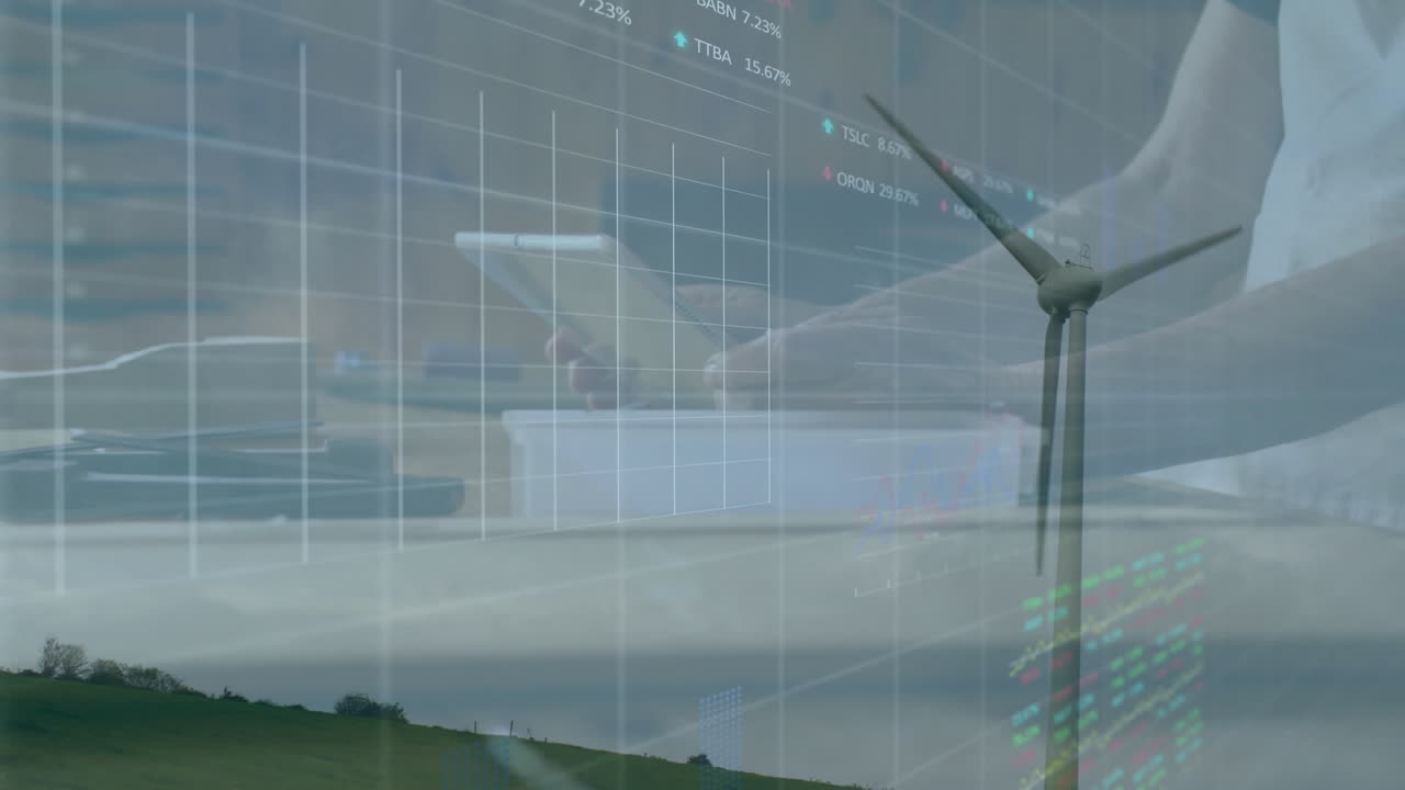 디지털 태블릿을 사용하는 여성에 대한 회전하는 풍차를 통해 주식 시장 데이터 처리의 애니메이션