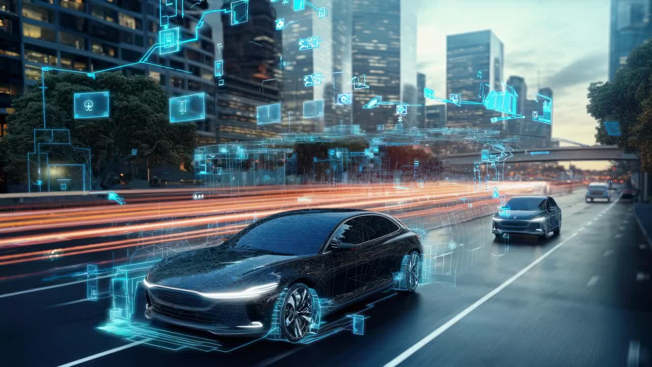 Side view of a sleek car with digital overlays, set against a cityscape