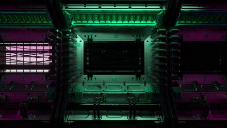 futuristic server room corridor with neon lighting