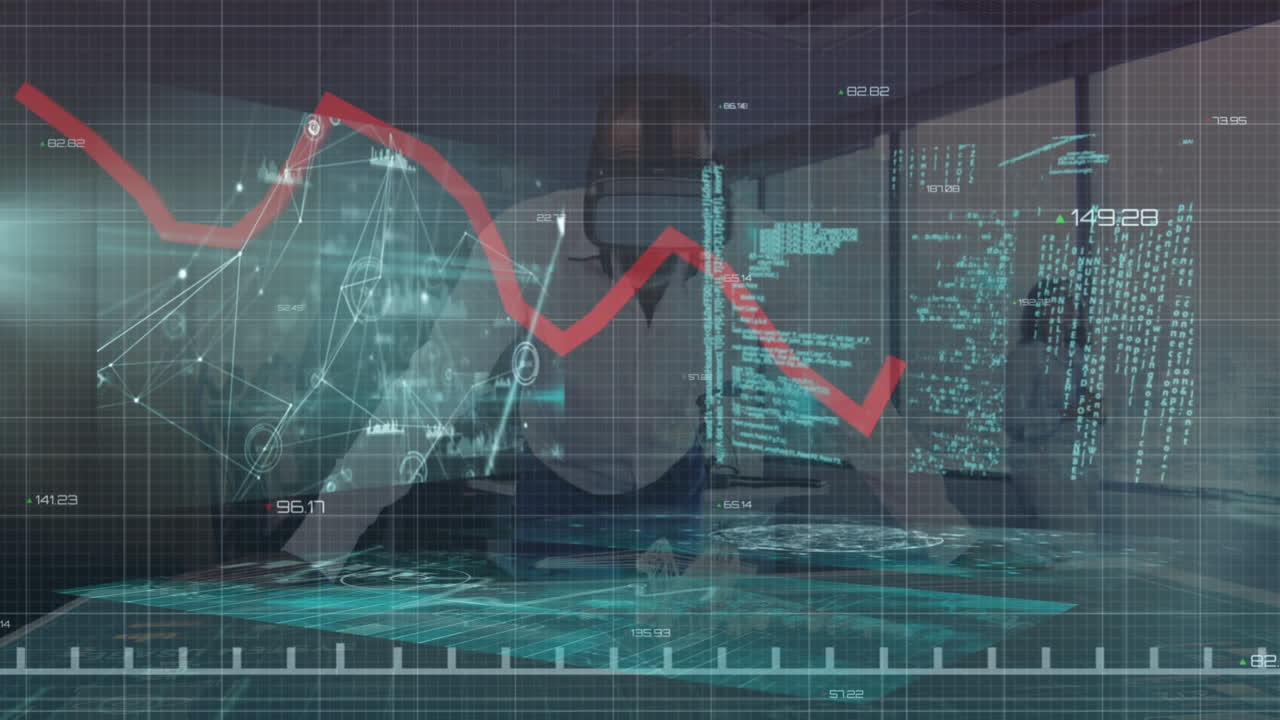interfaz digital con procesamiento de datos sobre un hombre de negocios afroamericano que usa auriculares vr en la oficina