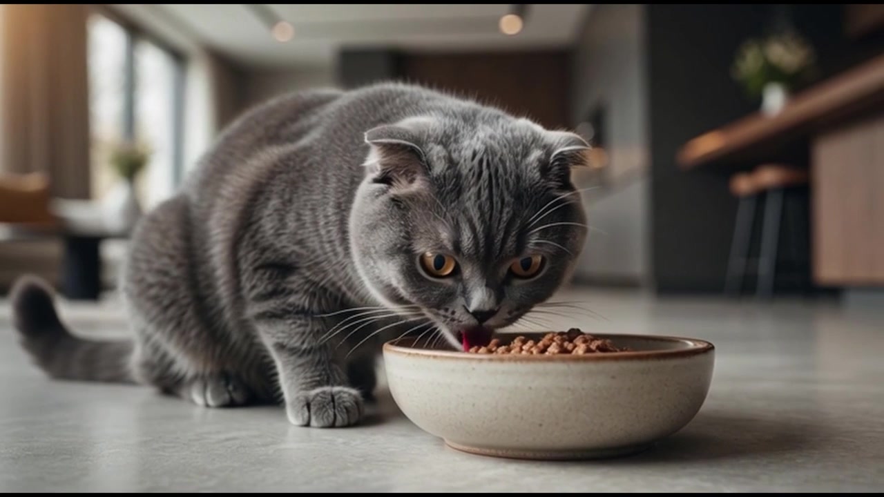 Schottische Faltohrkatze frisst Trockenfutter aus einem Napf in einer modernen Küche