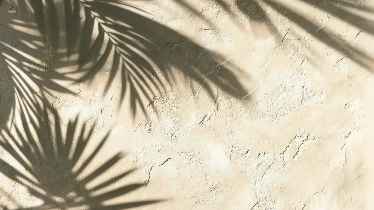 Video concept of palm leaf shadows on a textured wall. Shot from a high angle, creating a serene
